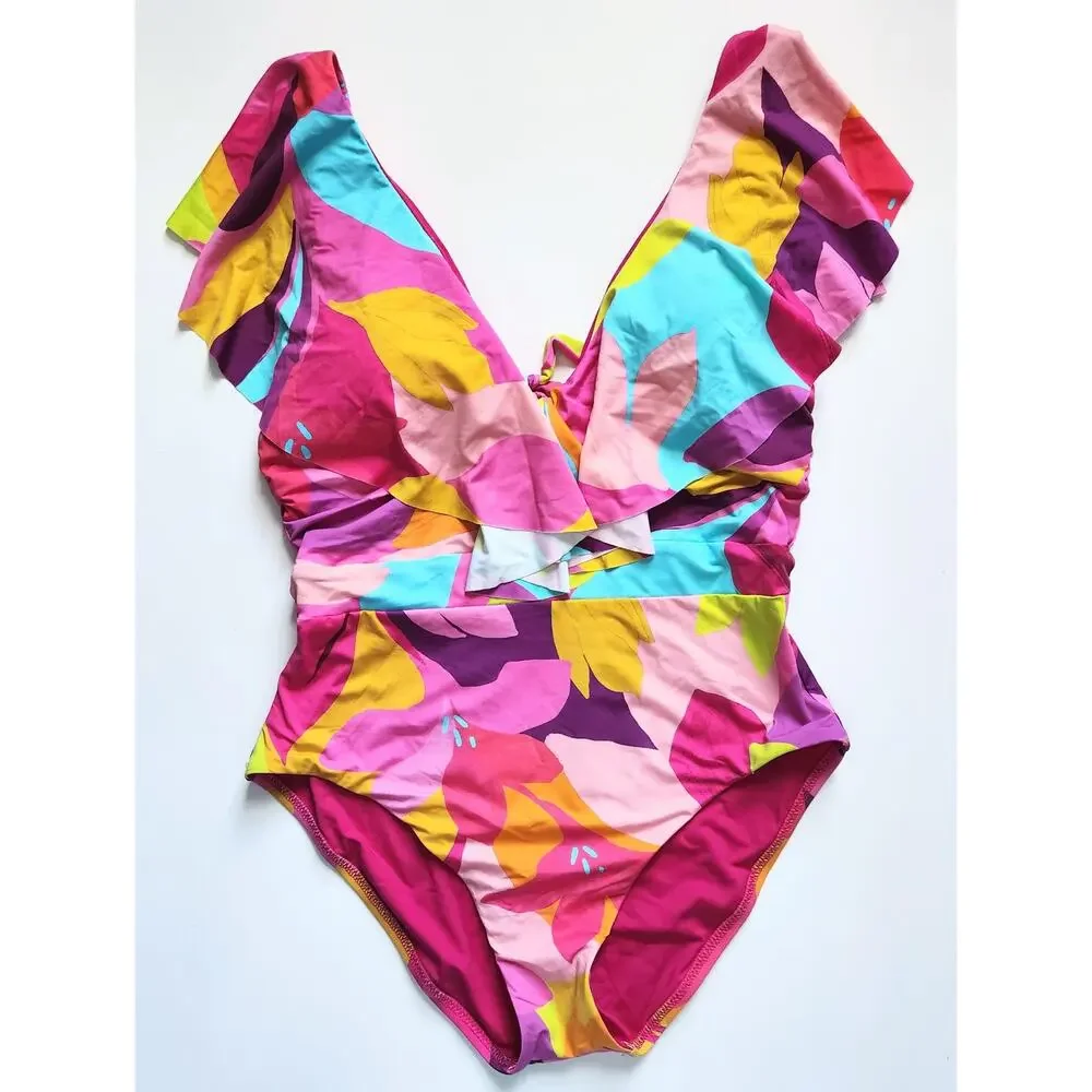 🌺 Trina Turk Fan Faire Ruffle One Piece Swimsuit Size 10 NWT